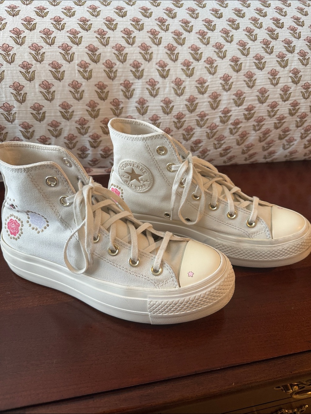 Converse Cream High-Top Platform Sneakers with Pink Floral Embroidery 7.5